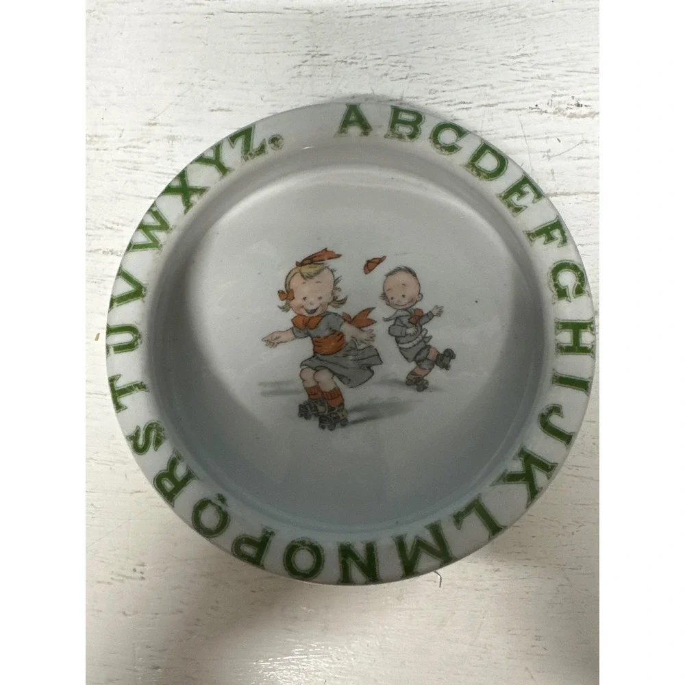 Vintage Ceramic Child Alphabet Bowl Roller Skating Children Nursery Dish‎ Green